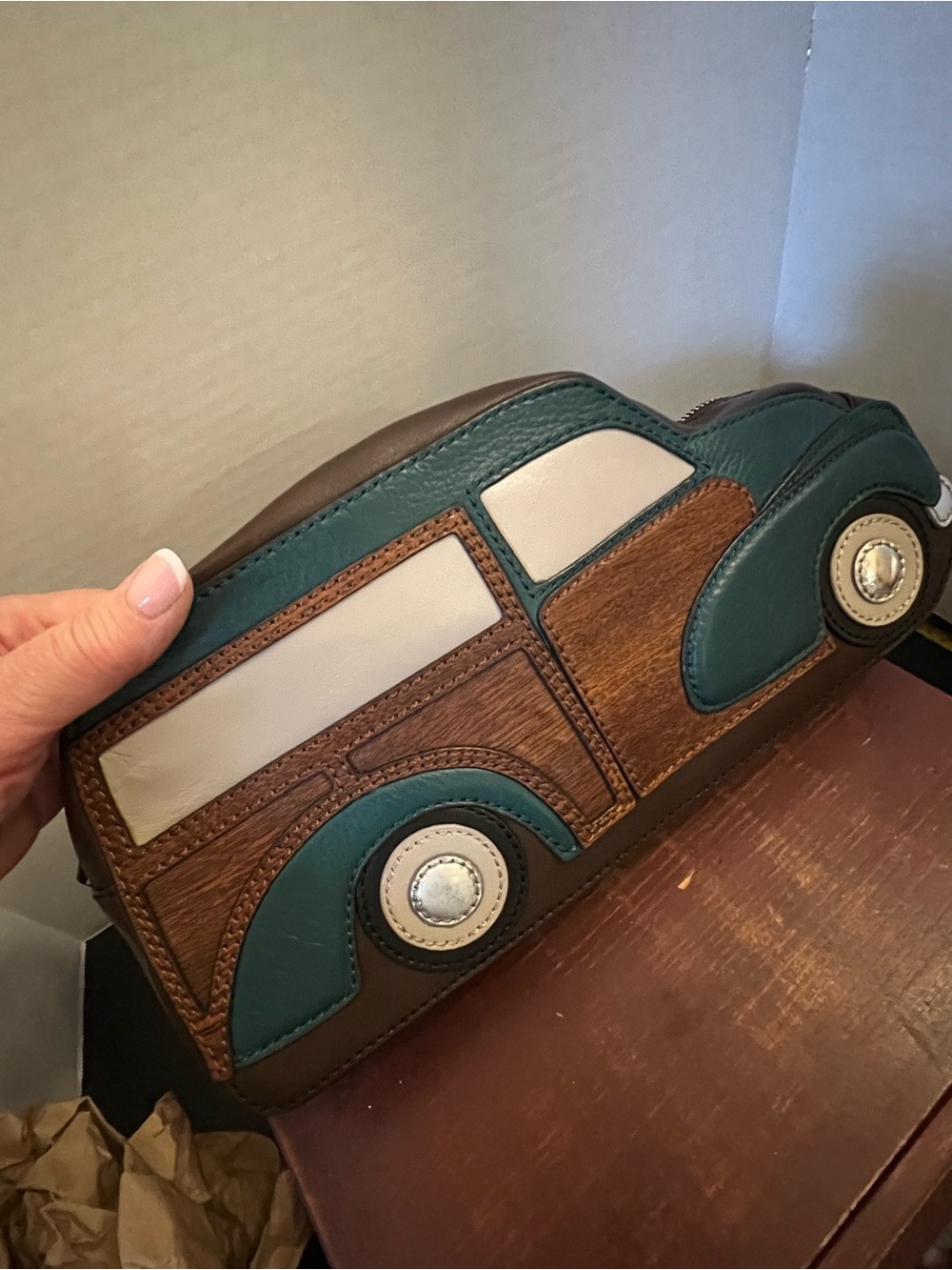 Women’s Kate Spade Collectors Car-Shaped Leather Clutch - Teal Brown Cream - Picture 9 of 11